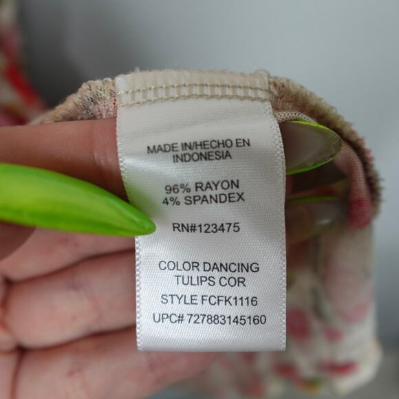 French Connection UK Style Dancing Tulips Draped Neck Top Sz XL Red Beige Floral - Picture 6 of 13